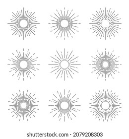Vintage sun rays, retro sunburst. Set of sun rays in linear style. Sunburst for sketches, vintage elements in boho style. Vector