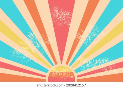 Vintage sun retro banner. Colourful grunge sunburst. Multicolored dawn with scuffed texture. Abstract poster for wall decoration and printing on fabric. Flat vector illustration on beige background