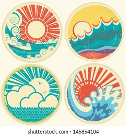 vintage sun and sea waves. Vector icons of  illustration of seascape