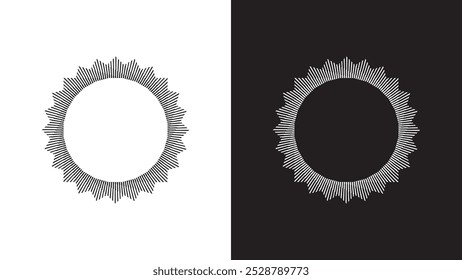 Padrão de explosão solar em forma de sol vintage feito de faixas circulares de interseção. Forma de círculo geométrico minimalista para elemento de design de estilo de arte retrô