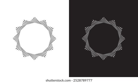 Vintage sun shaped sunburst pattern made of intersecting circular stripes. Minimalist geometric circle shape for retro art style design element
