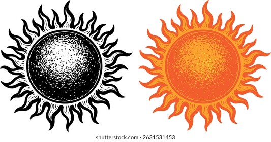 Vintage sun symbol in black and color version. Hand-drawn fiery sun illustration, isolated on white background.