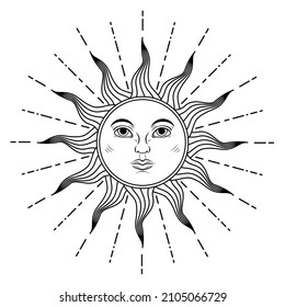 Vintage sun symbol with face. Vector illustration isolated on white background