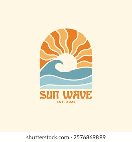 Vintage sun and wave design template for surf club, surf shop, surf merch.