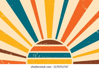 Vintage sun in yellow, blue and orange colors. Sunbeams with retro style. Vector background in grunge style. Horizontal banner. Flat illustration.