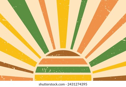 Vintage sun in yellow, green and orange colors. Sunbeams with retro style. Vector with grunge texture. Retro groovy background. Horizontal banner. Flat illustration.