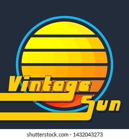 Vintage sun with yellow-orange stripes. Retro 1980s background design. Vector illustration.