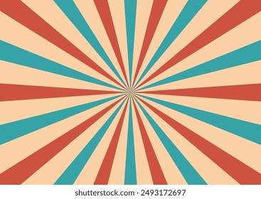 Vintage sunburst background features an abstract, grunge texture with retro rays and starbursts. Ideal for posters and banners, it combines 70s-80s vibes with bright, colorful patterns.