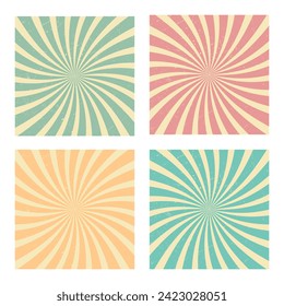 Vintage sunburst background with texture. A set of pictures with sun rays in pastel colors. Vector illustration.