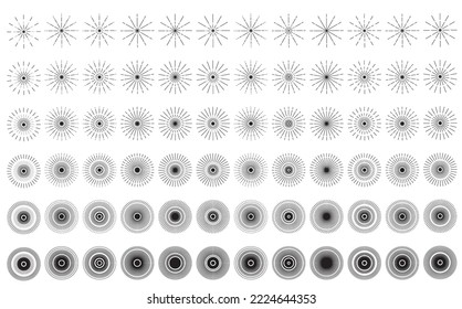 Vintage Sunburst Collection, Black and White Sun Vector Icons, Bursting Sun Rays, Star Pictograph, Speed Line Fast Motion, Sunset Beams Vector Illustration