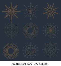 Vintage sunburst collection. Bursting golden sun rays. Fireworks. Logotype or lettering design element. Radial sunset beams