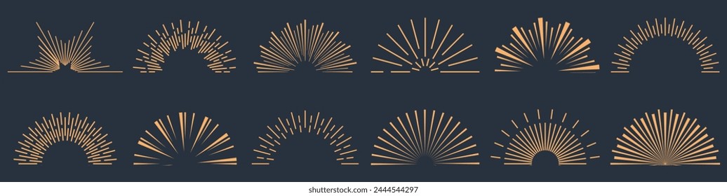 Klassische Sonnenbrand-Kollektion. Berstende goldene Sonnenstrahlen. Feuerwerk. Logo- oder Schriftzug-Designelement. Radiale Sonnenuntergangsstrahlen. 