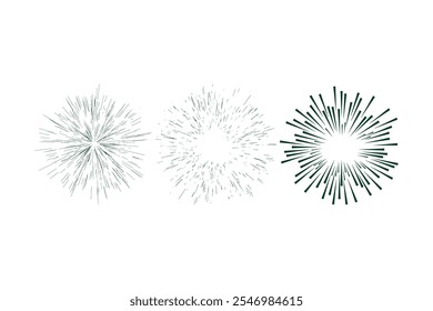 Coleção de sunburst vintage. Raios de sol dourados. Fogos de artifício. Elemento de design de tipo de logotipo ou letra. Feixes radiais de pôr do sol. Ilustração vetorial.