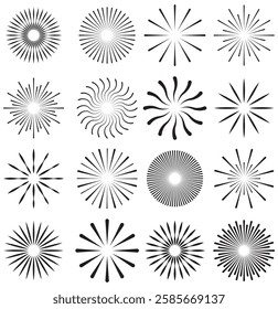 Vintage sunburst collection. Bursting golden sun rays. Fireworks. Logotype or lettering design element. Radial sunset beams. Design element. Vector illustration isolated on white background. 1176