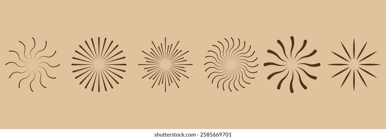 Vintage sunburst collection. Bursting golden sun rays. Fireworks. Logotype or lettering design element. Sun star rays symbol. Abstract geometric shapes. Design element. Vector illustration . 1176