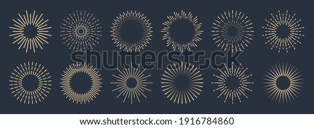 Vintage sunburst collection. Bursting golden sun rays. Fireworks. Logotype or lettering design element. Radial sunset beams. Vector illustration.