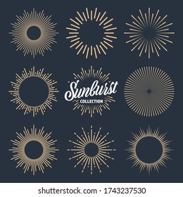 Vintage sunburst collection. Bursting sun rays. Fireworks. Logotype or lettering design element. Radial sunset beams. Vector illustration.