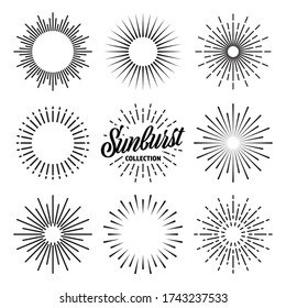 Vintage sunburst collection. Bursting sun rays. Fireworks. Logotype or lettering design element. Radial sunset beams. Vector illustration.