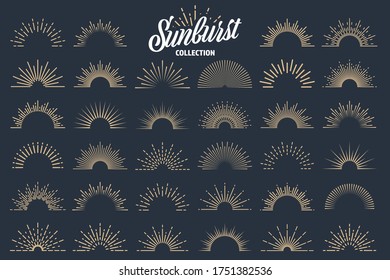 Vintage sunburst collection. Bursting sun rays. Fireworks. Logotype or lettering design element. Radial sunset beams. Vector illustration.