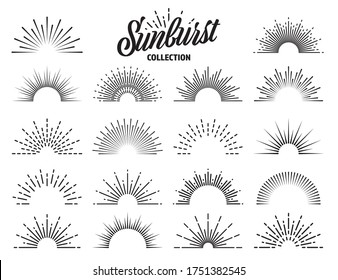 Vintage sunburst collection. Bursting sun rays. Fireworks. Logotype or lettering design element. Radial sunset beams. Vector illustration.