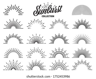 Vintage sunburst collection. Bursting sun rays. Fireworks. Logotype or lettering design element. Radial sunset beams. Vector illustration.