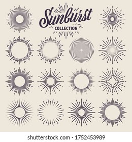 Vintage sunburst collection. Bursting sun rays. Fireworks. Logotype or lettering design element. Radial sunset beams. Vector illustration.