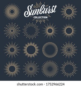 Vintage sunburst collection. Bursting sun rays. Fireworks. Logotype or lettering design element. Radial sunset beams. Vector illustration.