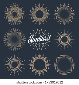 Vintage sunburst collection. Bursting sun rays. Fireworks. Logotype or lettering design element. Radial sunset beams. Vector illustration.