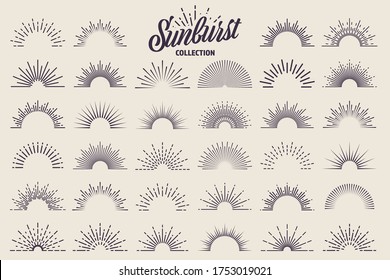 Vintage sunburst collection. Bursting sun rays. Fireworks. Logotype or lettering design element. Radial sunset beams. Vector illustration.