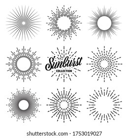 Vintage sunburst collection. Bursting sun rays. Fireworks. Logotype or lettering design element. Radial sunset beams. Vector illustration.