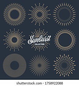 Vintage sunburst collection. Bursting sun rays. Fireworks. Logotype or lettering design element. Radial sunset beams. Vector illustration.
