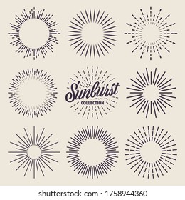 Vintage sunburst collection. Bursting sun rays. Fireworks. Logotype or lettering design element. Radial sunset beams. Vector illustration.