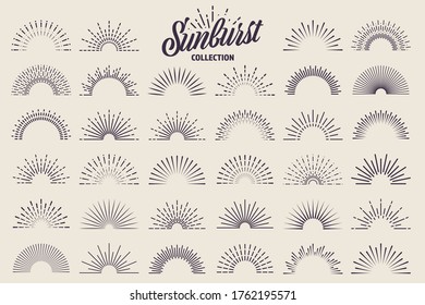 Vintage sunburst collection. Bursting sun rays. Fireworks. Logotype or lettering design element. Radial sunset beams. Vector illustration.