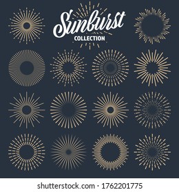 Vintage Sunburst Collection. Bursting Sun Rays. Fireworks. Logotype Or Lettering Design Element. Radial Sunset Beams. Vector Illustration.