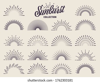 Vintage sunburst collection. Bursting sun rays. Fireworks. Logotype or lettering design element. Radial sunset beams. Vector illustration.
