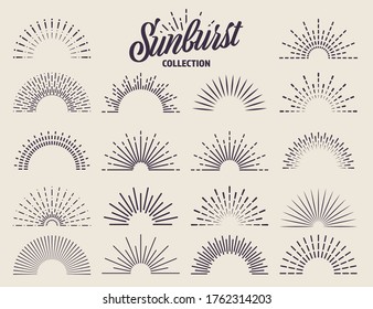 Vintage sunburst collection. Bursting sun rays. Fireworks. Logotype or lettering design element. Radial sunset beams. Vector illustration.