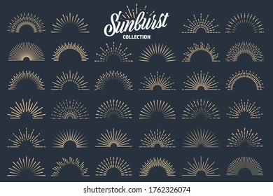 Vintage sunburst collection. Bursting sun rays. Fireworks. Logotype or lettering design element. Radial sunset beams. Vector illustration.