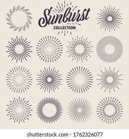 Vintage sunburst collection. Bursting sun rays. Fireworks. Logotype or lettering design element. Radial sunset beams. Vector illustration.