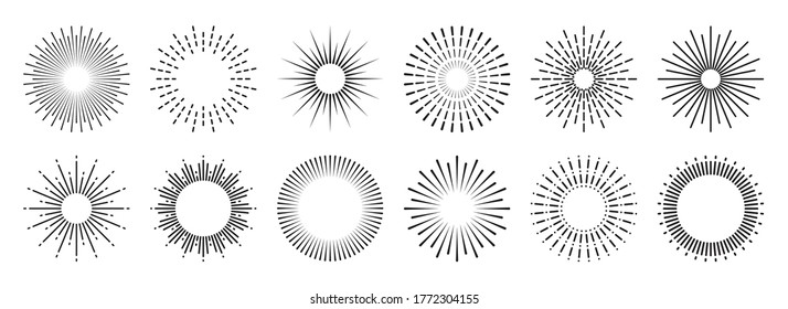 Vintage sunburst collection. Bursting sun rays. Fireworks. Logotype or lettering design element. Radial sunset beams. Vector illustration.