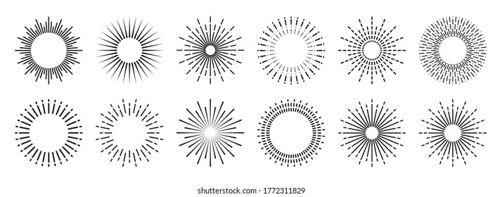 Vintage sunburst collection. Bursting sun rays. Fireworks. Logotype or lettering design element. Radial sunset beams. Vector illustration.