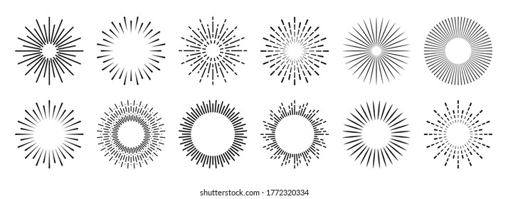 Vintage sunburst collection. Bursting sun rays. Fireworks. Logotype or lettering design element. Radial sunset beams. Vector illustration.