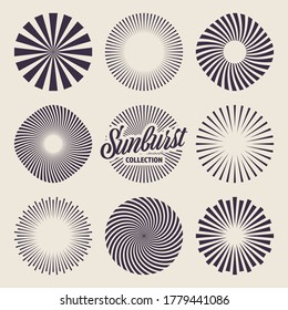 Vintage sunburst collection. Bursting sun rays. Fireworks. Radial sunset beams. Vector illustration.