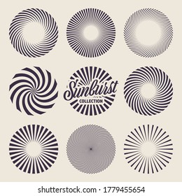 Vintage sunburst collection. Bursting sun rays. Fireworks. Radial sunset beams. Vector illustration.