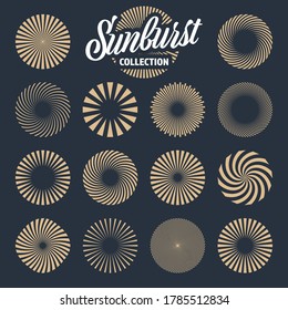 Vintage sunburst collection. Bursting sun rays. Fireworks. Radial sunset beams. Vector illustration.