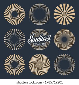 Vintage sunburst collection. Bursting sun rays. Fireworks. Radial sunset beams. Vector illustration.