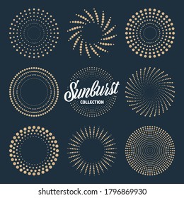 Vintage sunburst collection. Bursting sun rays and dots. Fireworks. Logotype or lettering design element. Radial sunset beams. Vector illustration.