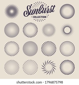 Vintage sunburst collection. Bursting sun rays and dots. Fireworks. Logotype or lettering design element. Radial sunset beams. Vector illustration.