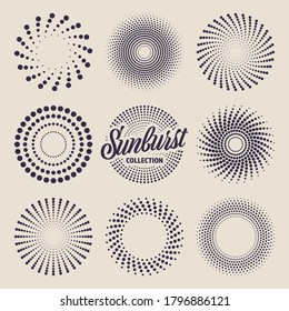Vintage sunburst collection. Bursting sun rays and dots. Fireworks. Logotype or lettering design element. Radial sunset beams. Vector illustration.