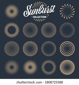 Vintage sunburst collection. Bursting sun rays. Fireworks. Logotype or lettering design element. Radial sunset beams. Vector illustration.