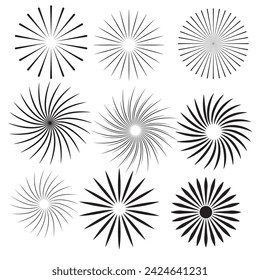 Vintage sunburst collection. Bursting sun rays. Fireworks starburst logotype. Radial sunset beams. Sunburst vector rays set vector illustration.
